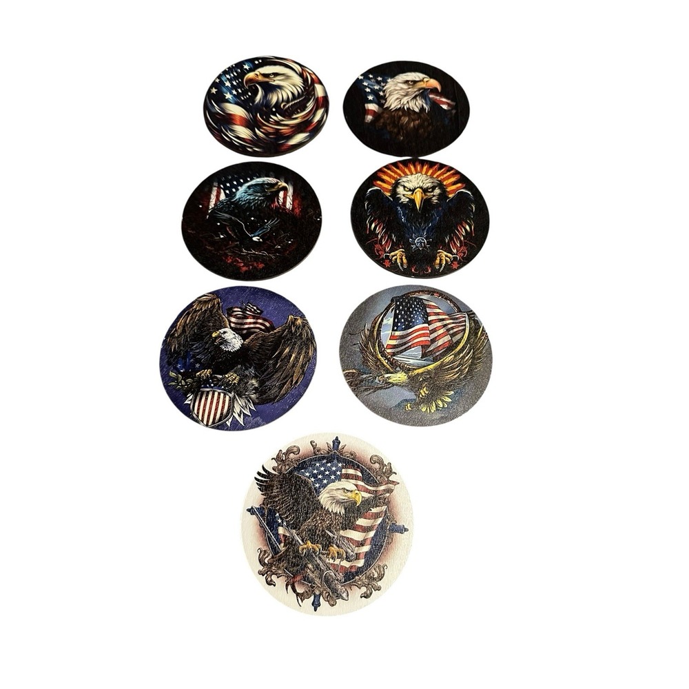 NEW wood round coasters set of 7 usa flag eagle